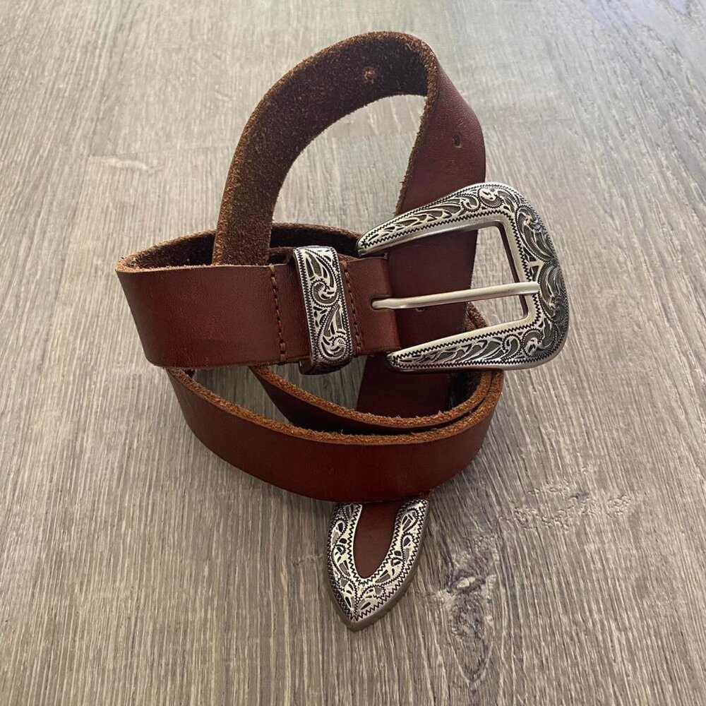 Urban Outfitters Brown Leather Western Belt with Ornate Silver Buckle